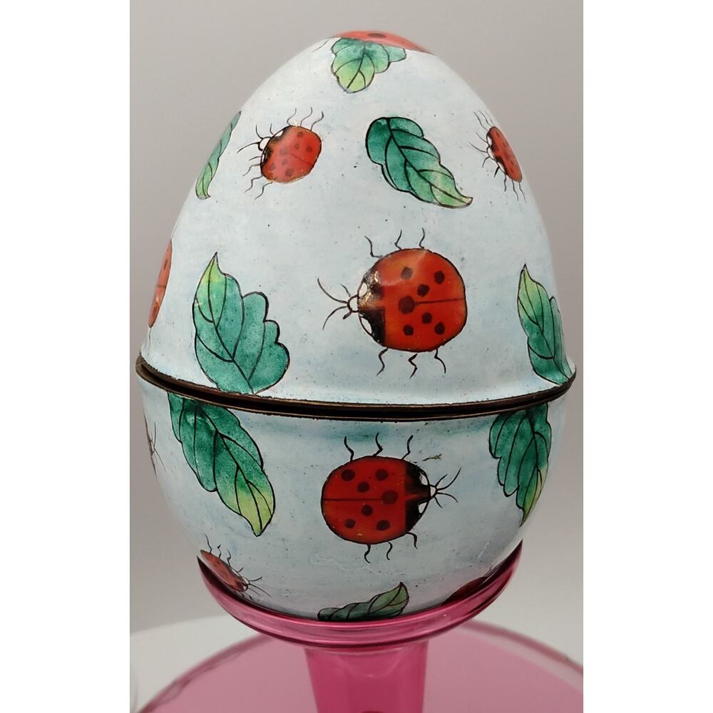 Vintage 5” Ladybug Egg Trinket Box w/ Painted Rock Screw Top Decor